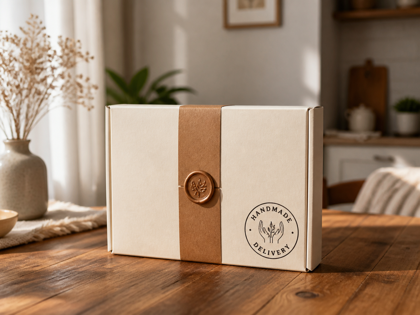 A Handmade Delivery gift box on a wooden table in a sunlit home